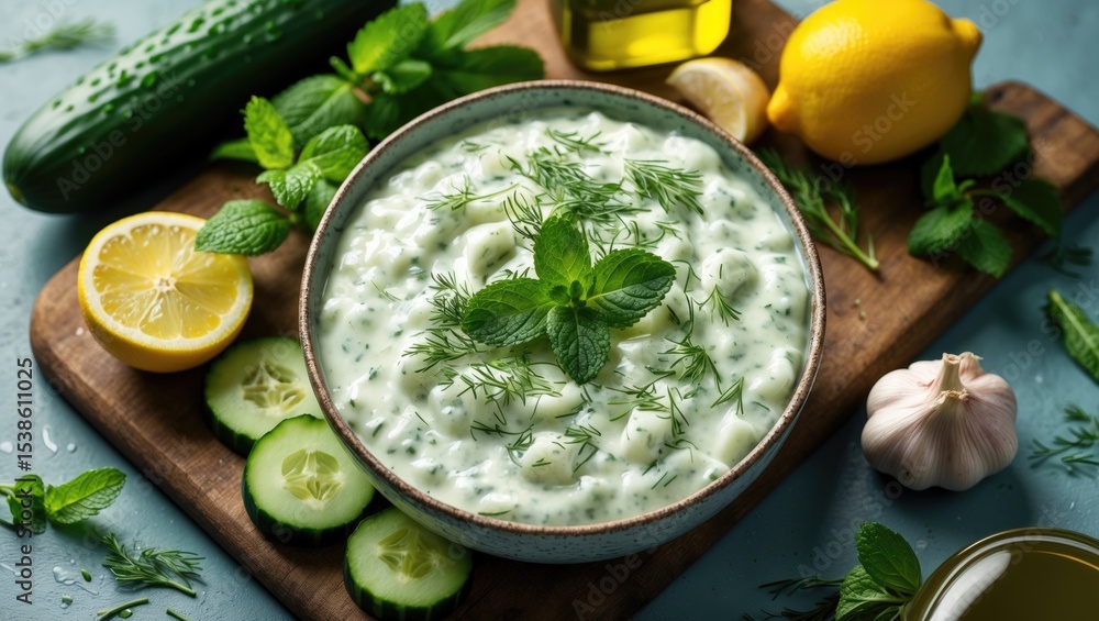 Greek sauce with cucumber, mint, dill, garlic, lemon, and oil. Selective focus. Area designated for text. Greek sauce with cucumber, mint, dill, garlic, lemon, and oil. Selective focus. Area designated for text.