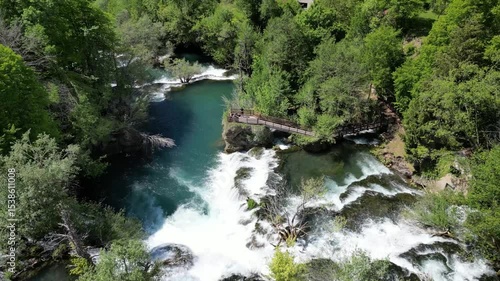 Amazing Martin Brod waterfalls on river Una in Bosnia and Herzegovina. Beautiful nature in Una national park with crystal clear water and amazing cascade waterfalls.