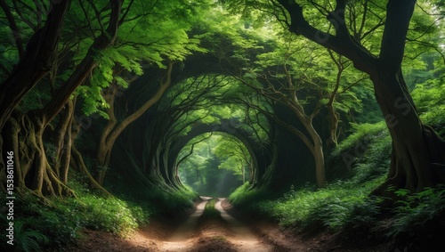 Fototapeta Naklejka Na Ścianę i Meble -  Vivid green forest tunnel with lush foliage and natural surroundings.