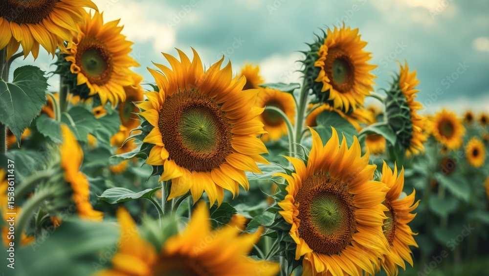 Fototapeta premium Field of sunflowers with flowers sunflower against the sky. Cultivation of sunflowers and a cute honey bee on a bright yellow flower, with sunflower swaying in the wind during summer vacation.
