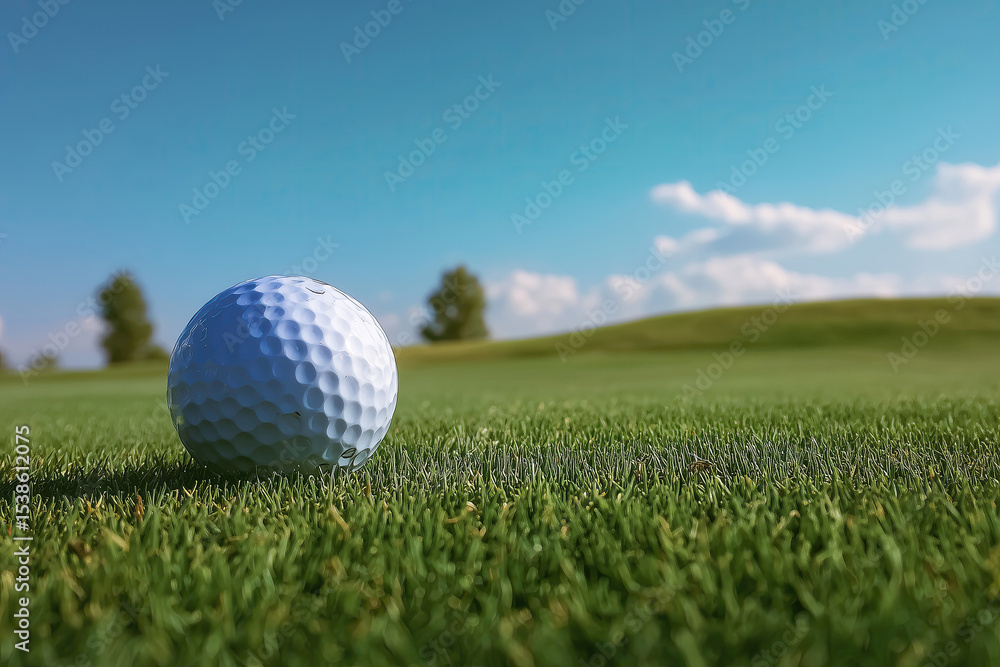 Obraz premium Low‑Angle Close‑Up of Golf Ball on Green with Sky and Negative Space