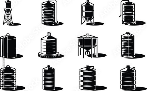 Collection of black and white vector silos water towers and industrial storage tanks