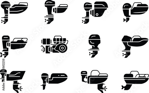 Collection of boat engines and outboard motors in minimalist black silhouette style