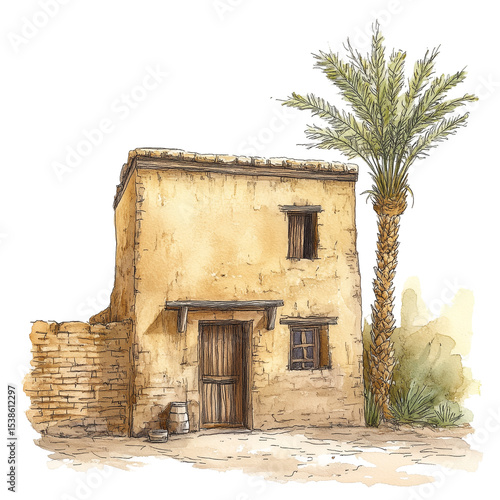 Egyptian Clay House with Stairs and Palm Illustration Transparent Background