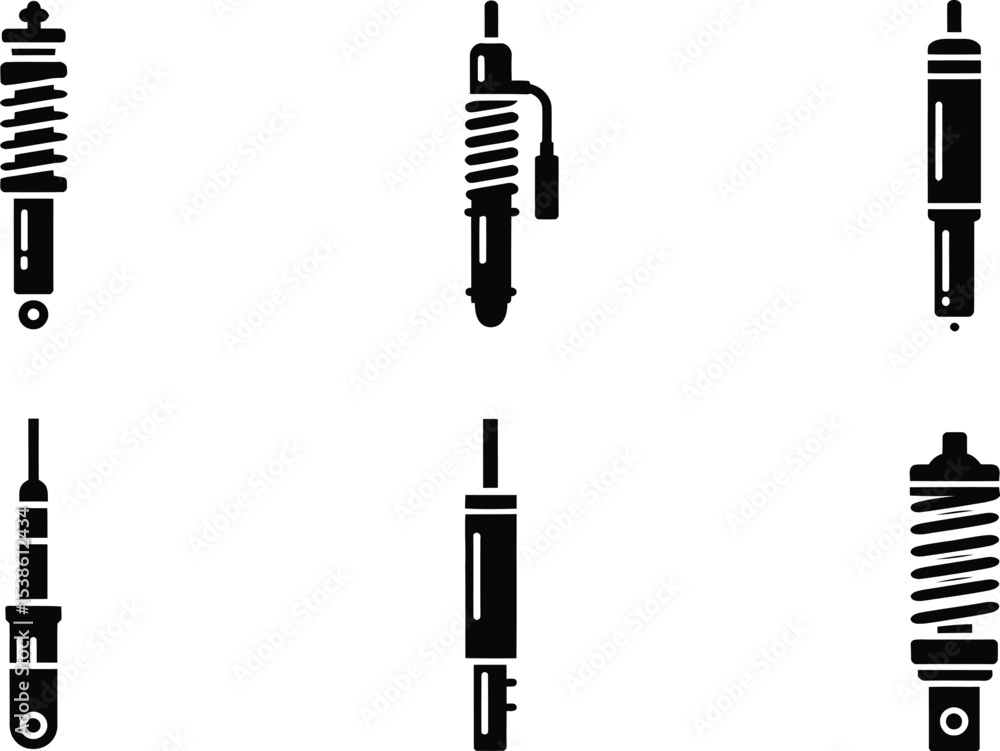 Set of detailed black and white illustrations depicting various automotive shock absorber designs