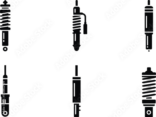 Set of detailed black and white illustrations depicting various automotive shock absorber designs