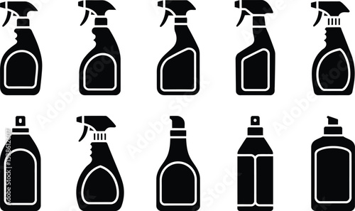 Vector illustrations of various spray bottle shapes with modern minimalistic black and white designs.