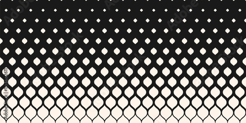Abstract geometric pattern with halftone effect, fading shapes, leaves, drops, mesh, grid. Horizontally seamless background. Trendy vector black and white halftone texture. Repeated monochrome design