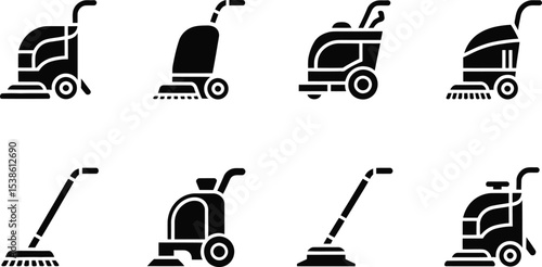 Collection of black cleaning machines and equipment icons for commercial and home use