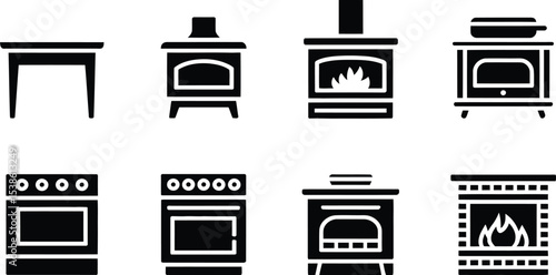 Set of stylized black and white kitchen appliances and fireplace vector icons