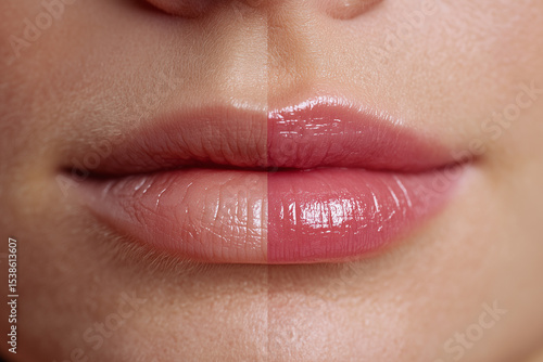 photorealist split lips portrait: left ultra-thin dehydrated, right plump post-hyaluronic acid, same natural pale lip shade, no makeup, ultra-high detail, beauty studio lighting, minimal background, s