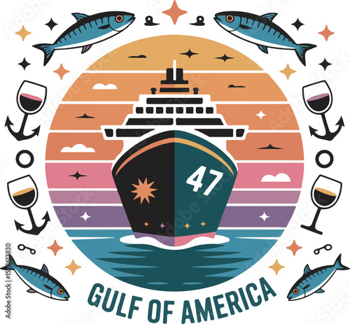 Retro Style Gulf of America Cruise Ship Logo Design Featuring Mackerel Fish Wine Glasses Anchors and Sunset Stripes