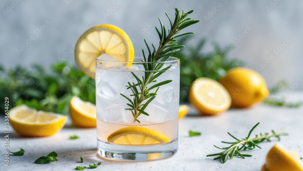 Fototapeta premium A cocktail featuring gin, tonic, lemon, and rosemary fizz along with honey and fresh herbs on a white background.