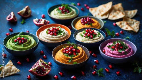 Wallpaper Mural Colorful hummus bowls background. Varieties of dips. Traditional hummus, herbs hummus, beetroot hummus, spread. Assorted meze and dips served with crispy pita. Space for text. Meze and snacks concept Torontodigital.ca