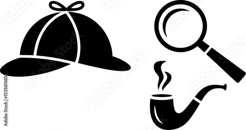 Detective sherlock holmes vector icon set illustration with magnifying glass pipe and hat design 100 editable stock vector illustration