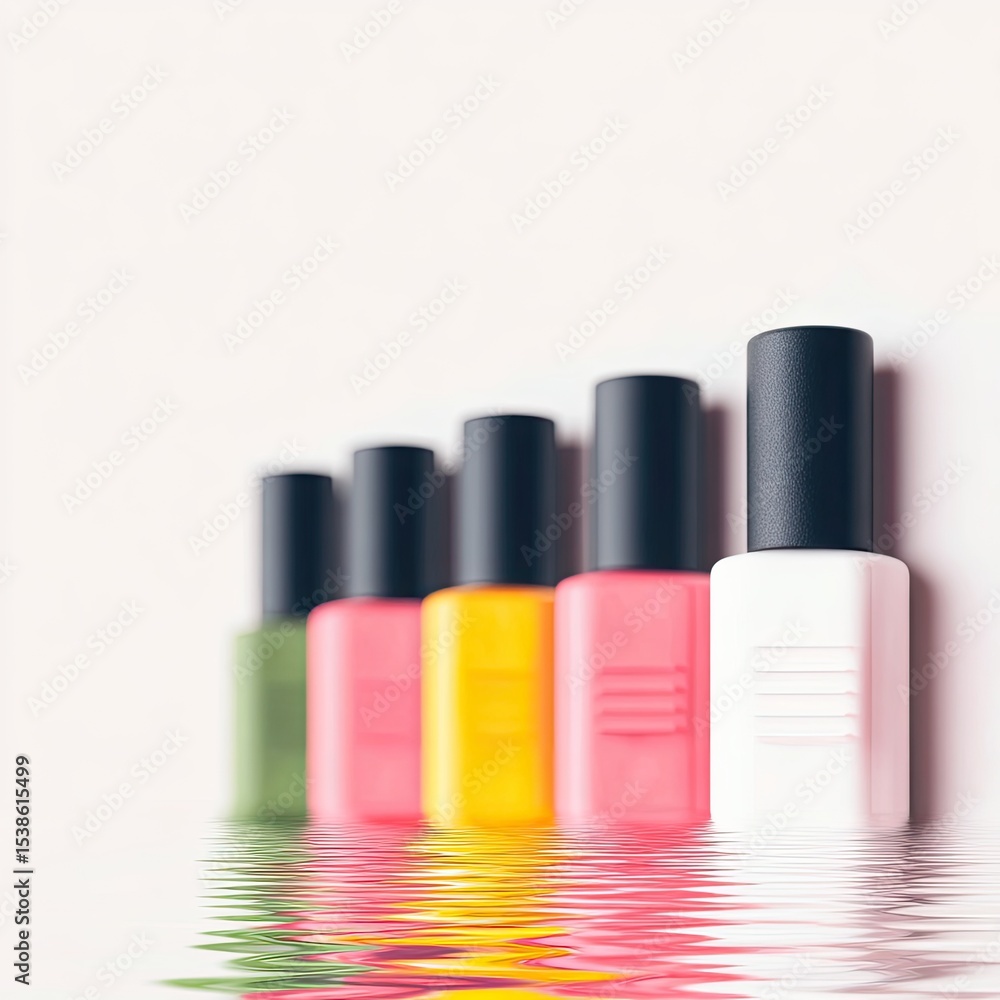 Five Nail Polish Bottles in Pink, Yellow, and Green Reflecting in Water Five Nail Polish Bottles in Pink, Yellow, and Green Reflecting in Water