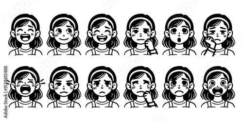 Kids emotions set in cartoon style. Cute girl faces expressions collection. Emotional intellect poster for children. Vector illustration