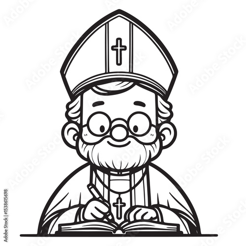 Line art of priest writing messages on notebook cartoon vector
