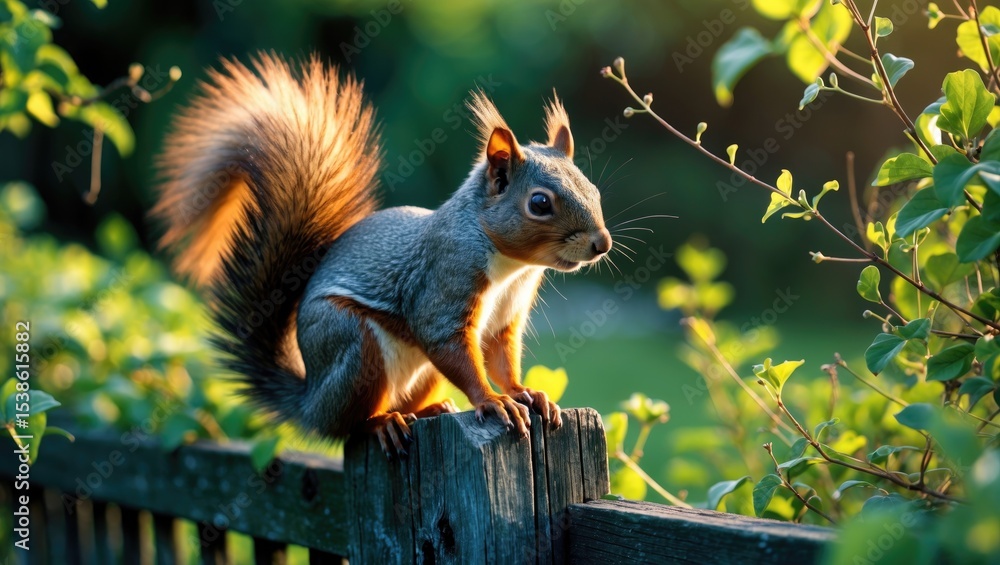 Obraz premium Gray (grey) squirrel with bushy tail perched on wooden peanut feeder attached to wooden garden fence near woodland trees and bushes