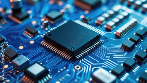 Wallpaper Mural Close-up of a blue printed circuit board (PCB) featuring stripes of conductors connecting a transistor and a processor. IT technologies in programming, upgrade, and abstract background Torontodigital.ca