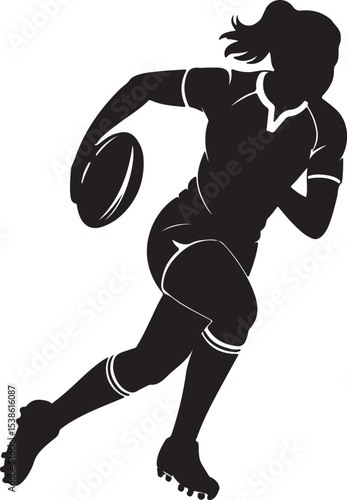 Black silhouette vector of female rugby player running with ball