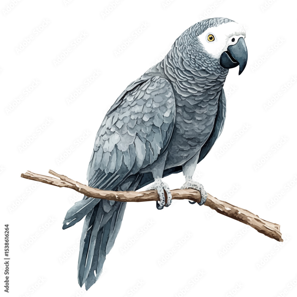 Fototapeta premium African Grey Parrot, watercolor painting vector, isolated on a white background.