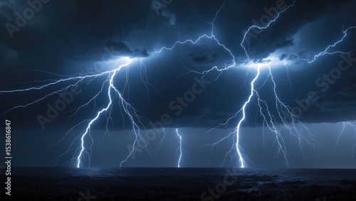 Exaggeration of background lightning as thunder rumbles in the backdrop while lightning strikes in the distant; the background is entirely black with clear lightning overlays. Thunderstorms.