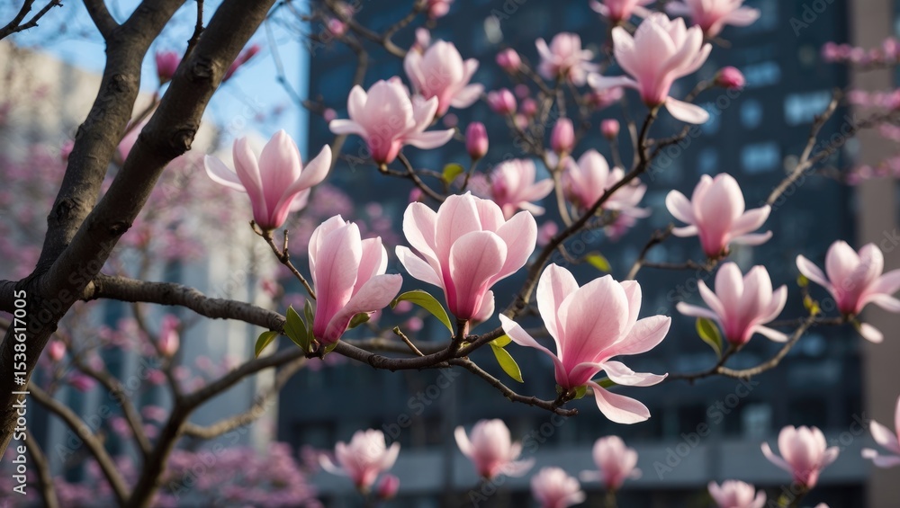 Naklejka premium Beautiful pink magnolia tree in full bloom with city buildings in the background, illustrating the contrast between nature and urban landscape. Melbourne, Australia