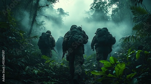 Fototapeta Naklejka Na Ścianę i Meble -  Intense gunfight in dense jungle as camouflaged troops move in coordinated formation.