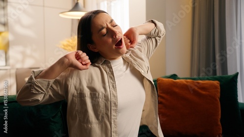 Photos Portrait sleepy tired exhausted yawning Caucasian woman girl female lady feeling