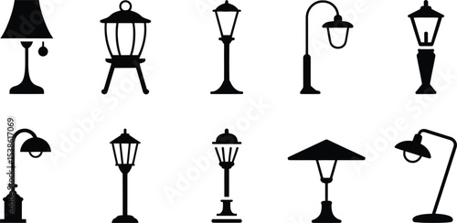 Diverse collection of silhouettes featuring various vintage and modern street lamps and light fixtures.