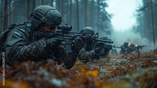 Military squad ambushed in forest terrain during reconnaissance patrol resulting in close-range firefight.