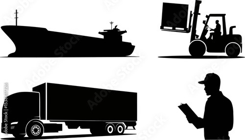 Shipping logistics supply chain freight transportation cargo delivery import export silhouette vector art editable stock vector illustration