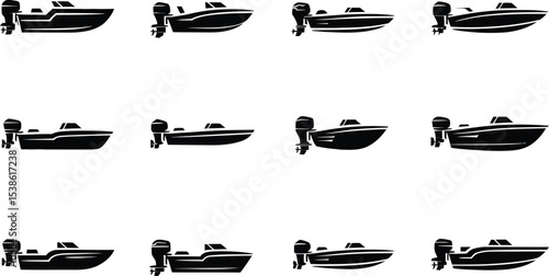 Black and white illustrations of various motorboat designs isolated on a white background