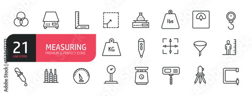 Set of line icons related to measuring, scales, weight, millimeter, . Outline icons collection. Editable stroke. Vector illustration.