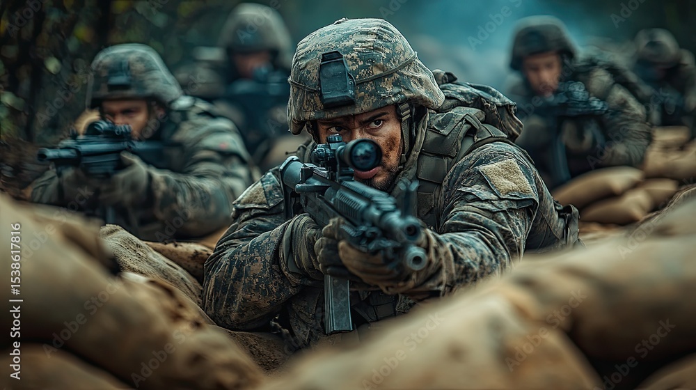 Obraz premium Soldiers firing from behind sandbags while under heavy attack in frontline military combat zone.