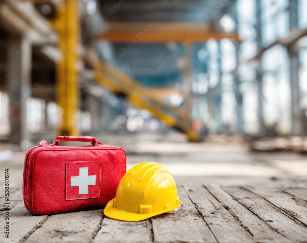 Fototapeta premium A construction site scene with a red first aid kit and a yellow hard hat sitting on weathered wooden planks