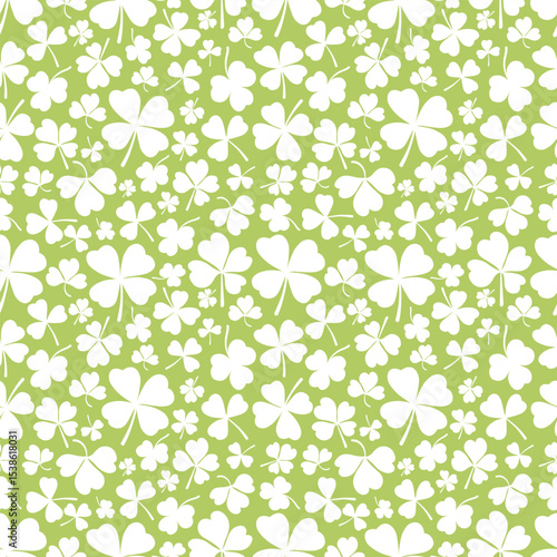 Shamrock or clover leaf flat design green seamless pattern falling leaves on white background vector illustration. Irish holiday celtic St Patrick day motif seamless pattern with shamrock clover leaf.