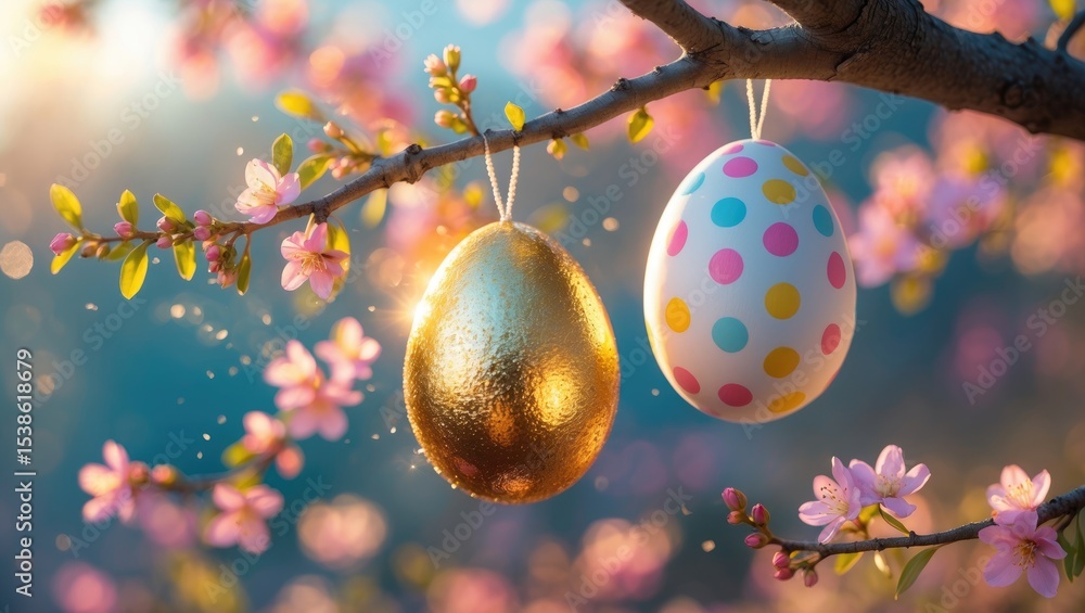 Obraz premium Decor eggs hanging on flowering apple branches on a tree in a garden or park. Pink and gold ornaments featuring stripes and spots. Blurred background with bokeh blur lens effect