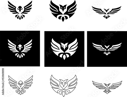 Eagle logo icon set vector in flat, outline and button style with bold lines and fierce expression.