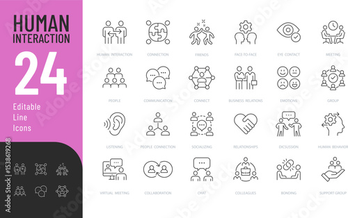 Human Interaction Line Editable Icons set. Vector illustration in modern thin line style of people related icons: communication, connection, relationships, and more. Isolated on transparent background