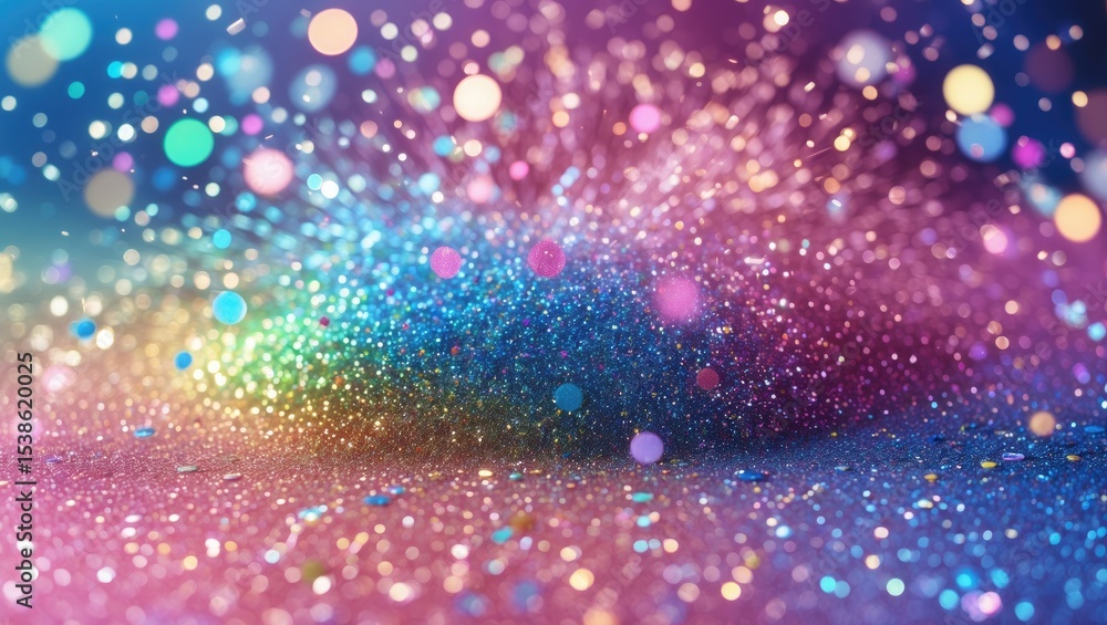 Obraz premium Fun rainbow color glitter sparkle birthday party background invite, kid princess unicorn pony little girl mermaid my pink blue green purple invitation pattern or summer abstract confetti texture