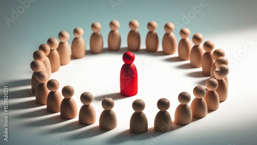 A group of people encircled the red man during an accusation of crime, embodying mob law and lynch court. The leader positioned at the center serves as an example for guiding. Angry crowd.