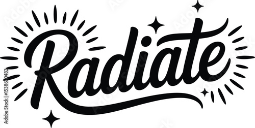 Bold black radiate calligraphy text with burst and sparkling star decorations on a white background