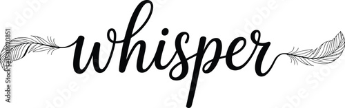 Elegant whisper calligraphy wordmark with delicate feather embellishments and a clean white background