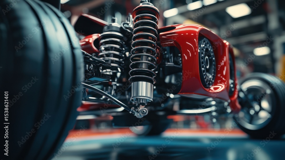 Fototapeta premium Close-up of a red race car chassis showcasing intricate suspension and wheel design
