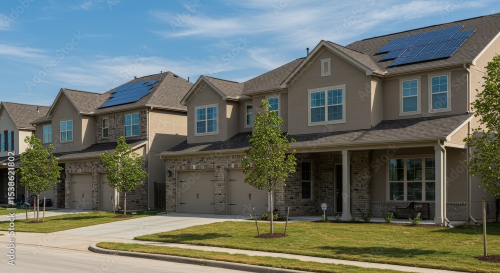 Quiet residential street in neighborhood row of newly developed luxury new development of expensive two-story solar roof panel homes Quiet residential street in neighborhood row of newly developed luxury new development of expensive two-story solar roof panel homes