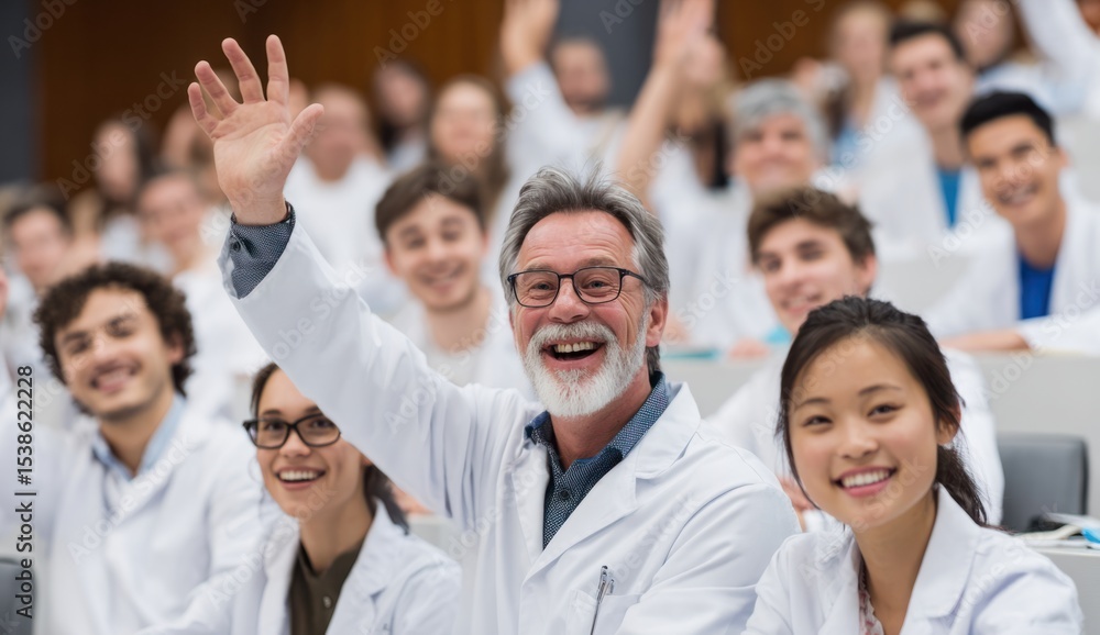 Fototapeta premium A crowd of students wearing white lab coats smiling and raising their hands in a classroom