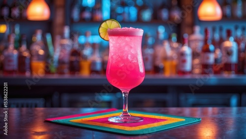 Discover the ideal cosmopolitan cocktail enjoyed at a trendy bar counter. Bright and welcoming, this traditional beverage combines vodka, triple sec, cranberry juice, and lime.