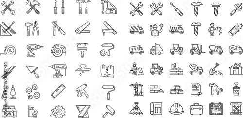 Construction and Carpentry Icons Array of Tools Equipment and Vehicles for Building and Repair Work Projects Represented in Black and White